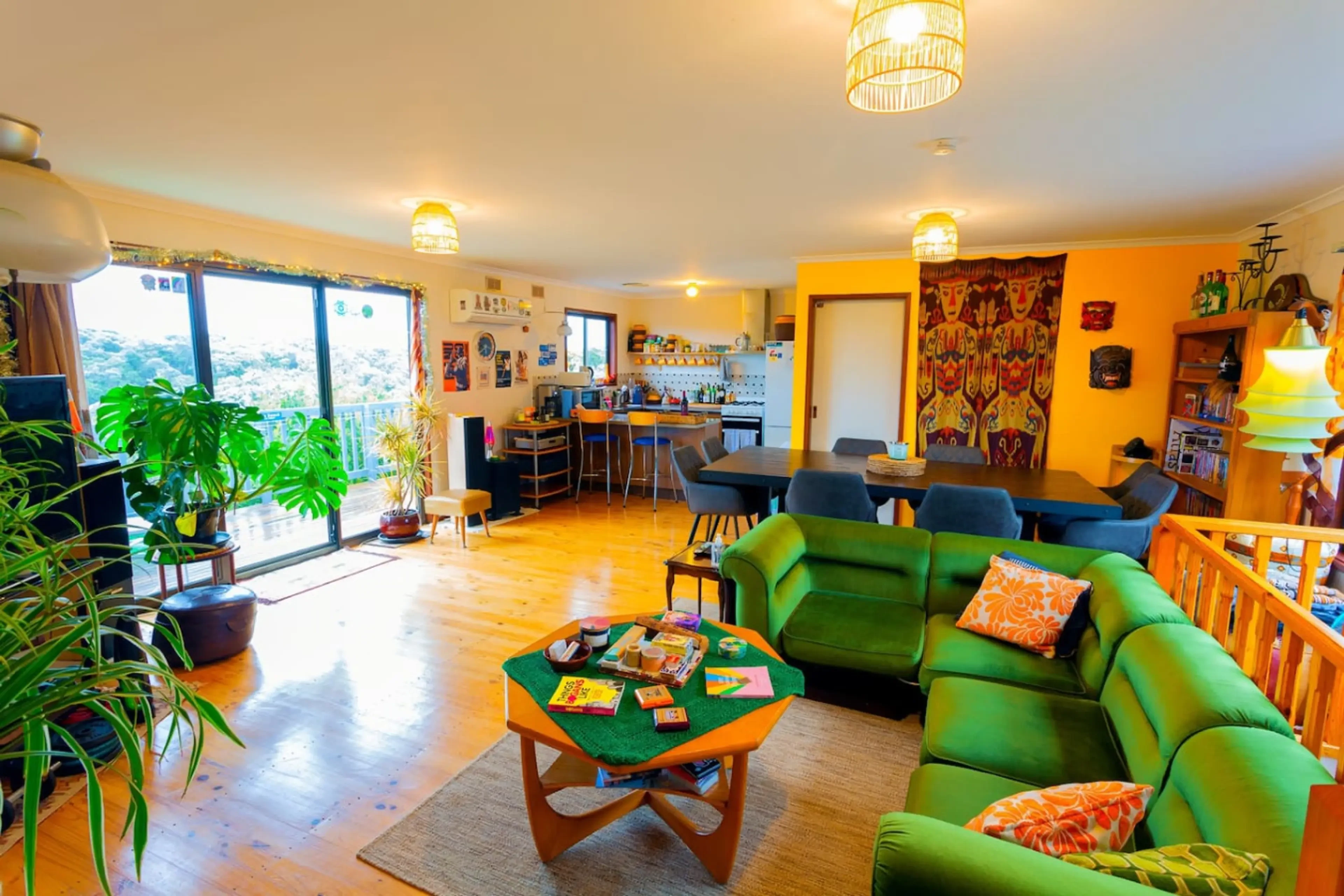 Retro Dunes colourful open plan living room with city views